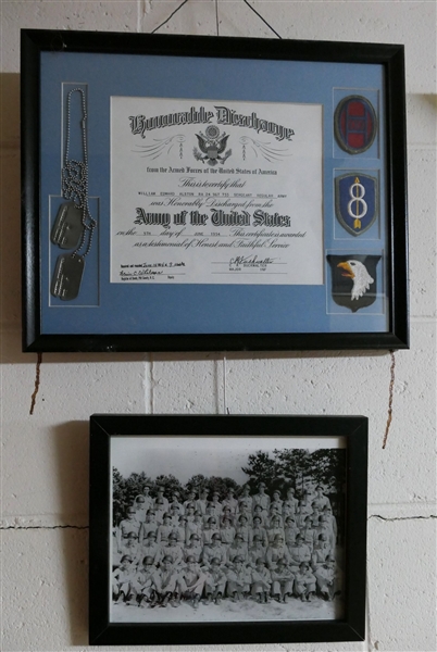 Honorable Discharge Document For William Edward Alston - 1954 - Framed and Matted with Dog Tags and Patches and Military Company Photograph - Discharge Document Measures 13 1/4" by 16"