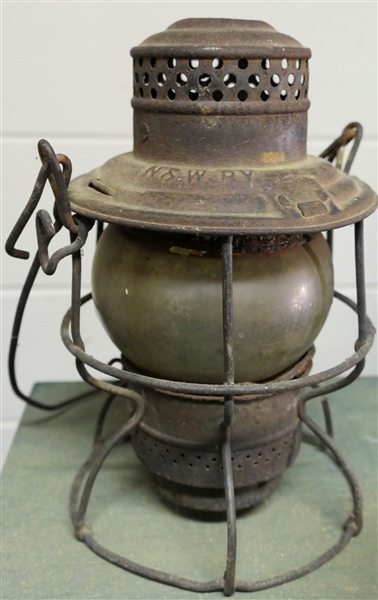 N&W Railroad Lantern - Clear Embossed Globe - Burner is Rusted - Lantern Also Signed The Adams & Westlake Co. 