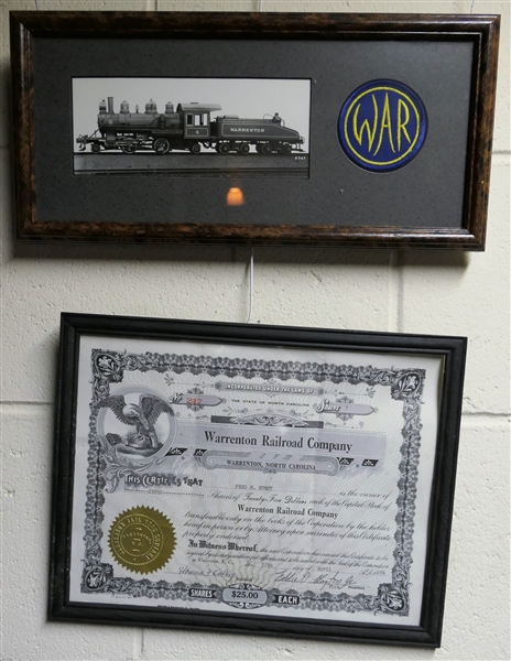 Warrenton Railroad Company - Warrenton, NC - Railroad Stock Certificate and Warrenton Engine Photograph and Patch - Framed and Matted -Certificate Frame Measures 11 1/2" by 9"
