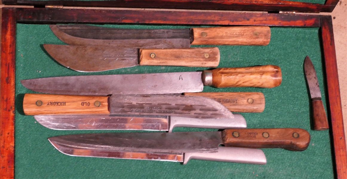 Oak Felt Lined Case With 9 Butcher Knives including Ontario, Old Hickory, Ontario Old Hickory, Foster Bros - Case Measures 2" tall 19 1/4" by 11 3/4"