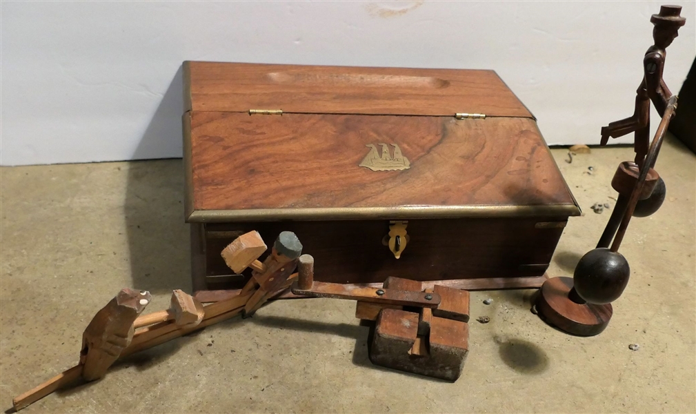 Nice Slant Top Document Box with Inlaid Brass Ship and Brass Corner Details with Collection of Toys and Puzzles - Box Measures 4" tall 11 1/2" by 8" 