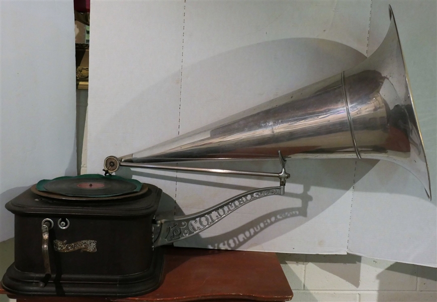 Columbia Disc Graphophone - Phonograph with Colombia, and Arm and Chrome Trumpet Horn - Working - Horn Measures 35" Long 20 1/2" Across