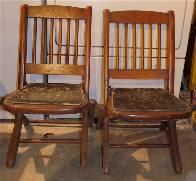 2 Childs Wood Folding Chairs with Original Pressed Leather Seats - Chairs Measure 24" Tall 14" by 10"