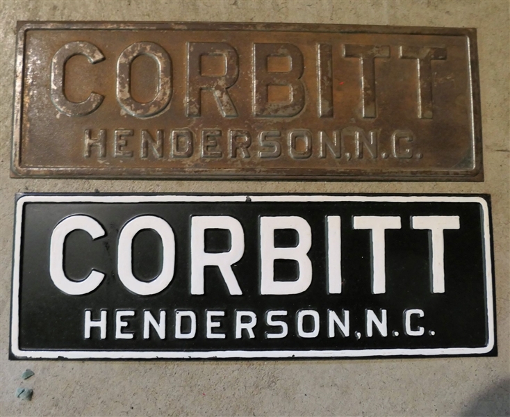 2 - Corbitt Henderson, NC Tags - 1 Black and White Enamel Painted - Each Measures 3" by 6" 