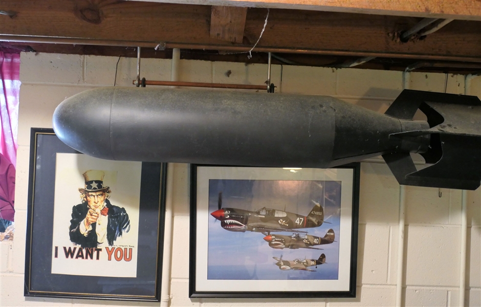 Heavy Metal Torpedo Bank and 2 Patriotic Framed and Matted Prints - Torpedo Measures 48" Long by 11" - Air Plane Print Measures 17 1/4" by 21 1/4"