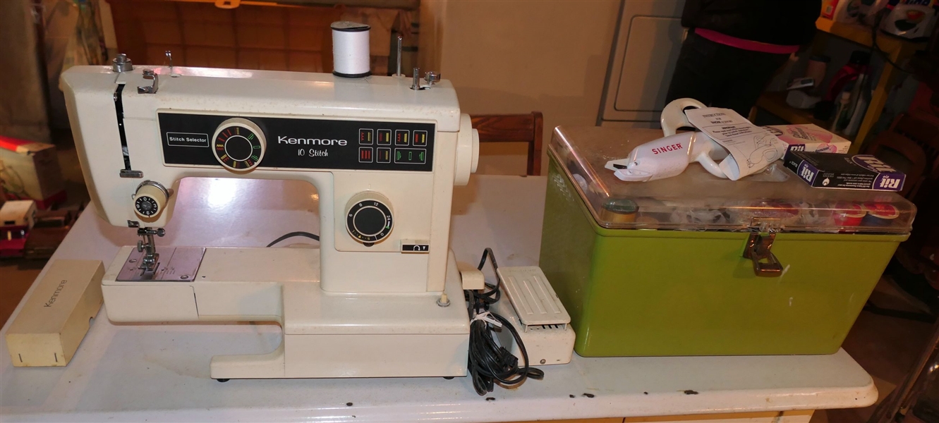 Kenmore 10 Stitch Sewing Machine with Foot Pedal and Sewing Box - Thread, Etc.