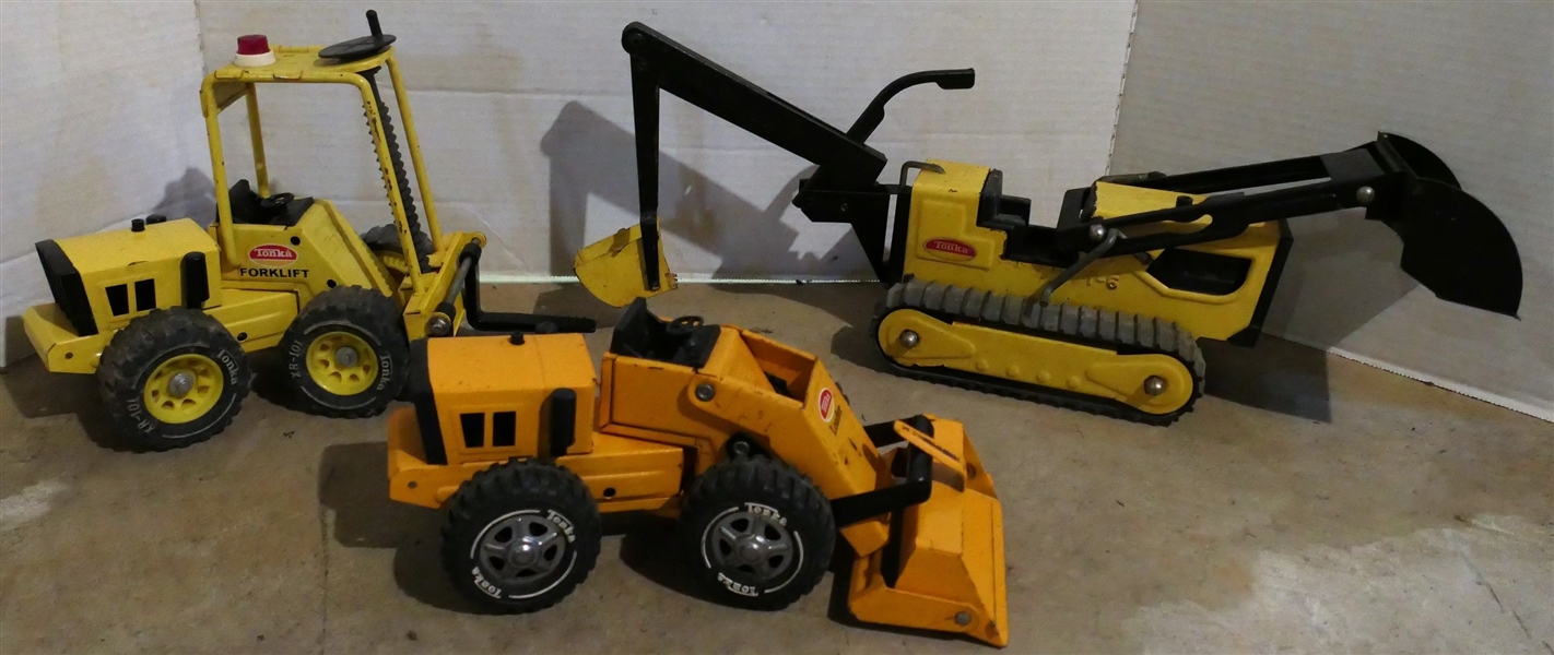 3 Metal Tonka Construction Toys -Loader, Fork Lift, and T-6 - Yellow Fork Lift Measures 7" tall 9" Long 