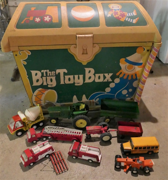 The Big Toy Box  with 8 Metal Trucks and Tractors including Buddy L Road Grader, Buddy L School Bus, Tonka Ladder Truck, Gabriel Industries Cement Mixer, and John Deere Tractor - Plastic Toy Box...