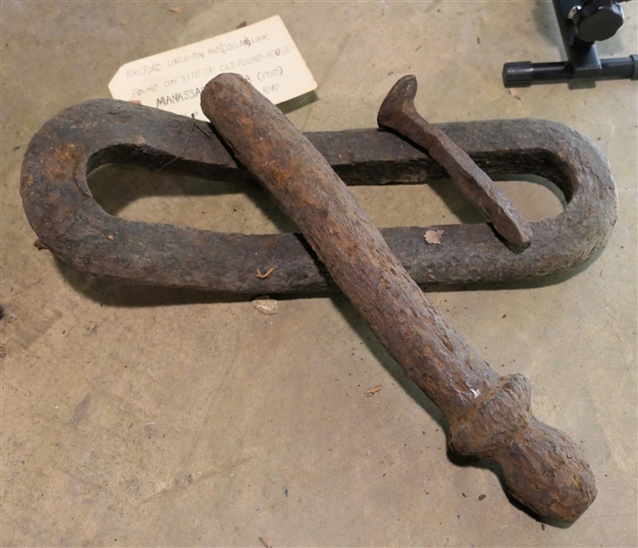 Railroad Lynch-Pin Link and Collar - Found on Site of Old Round House - Manassas Virginia - and Railroad Spike - Link Measures 14" Long 4 1/2" Across