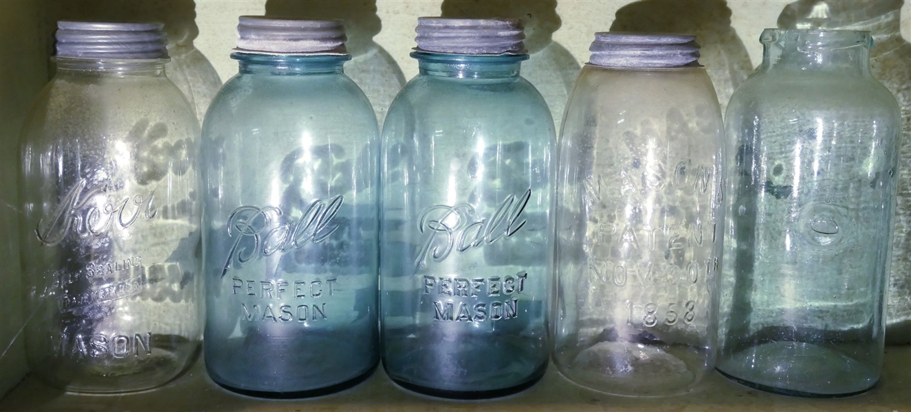 5 - Half Gallon Jars - 1 Kerr, 2 Ball, 1 Masons Patent 1858, and Unusual Jar with Bubbles in Glass - 4 Have Zinc Lids