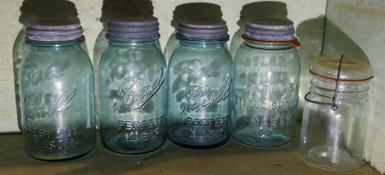 5 Jars - 4 Blue Ball with Zinc Lids, 1 Atlas Strong Shoulder with Lid, and Clear Jar with Glass Lids