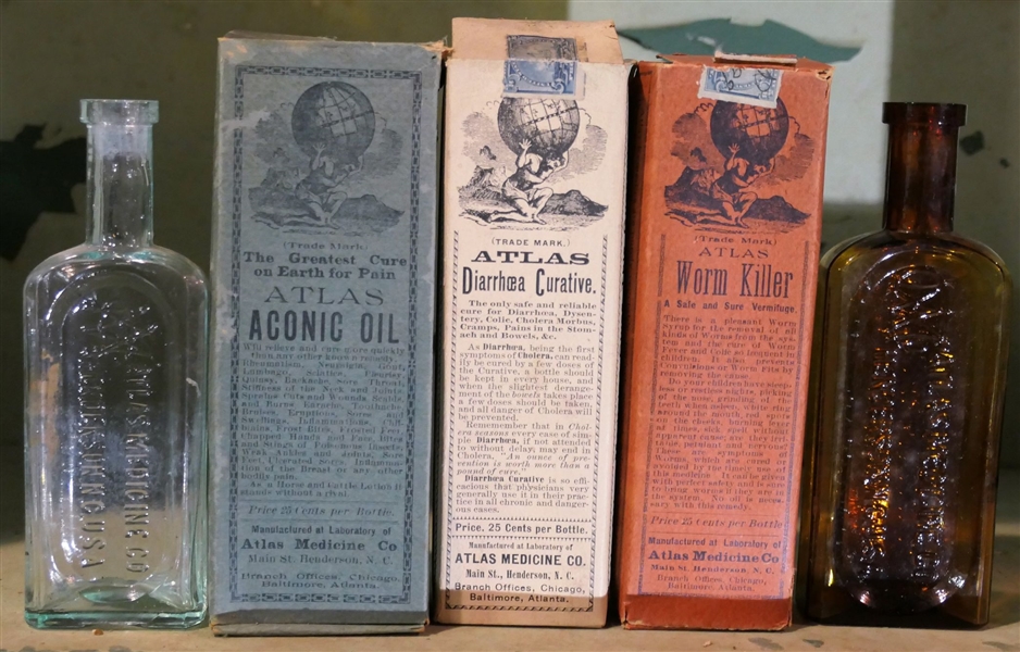 5 Atlas Medicine Co. Henderson, NC Medicine Bottles - 3 Atlas in Original Boxes with Papers - Aconic Oil, Worm Killer, and Diarrhea Curative, - Amber Bottle Measures 5 3/4" Tall 