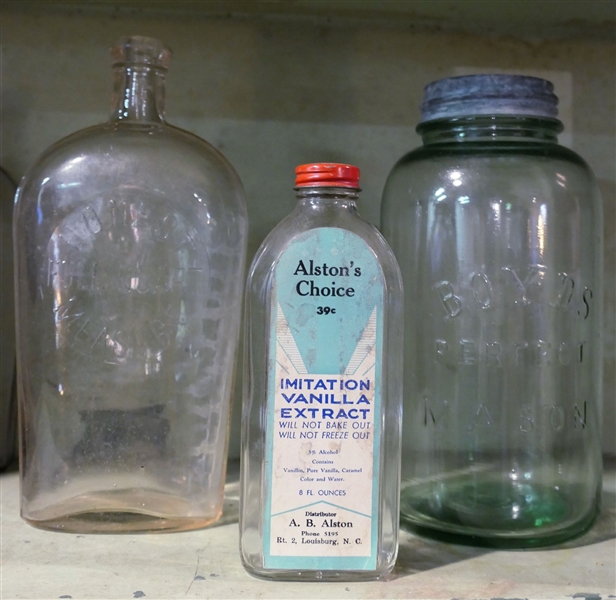 Boyds Perfect Mason - Half Gallon Jar with Zinc Lids, Honest Full Quart Measure Bottle,  and Alstons Choice Imitation Vanilla Extract Glass Bottle - A.B Alston - Louisburg, NC