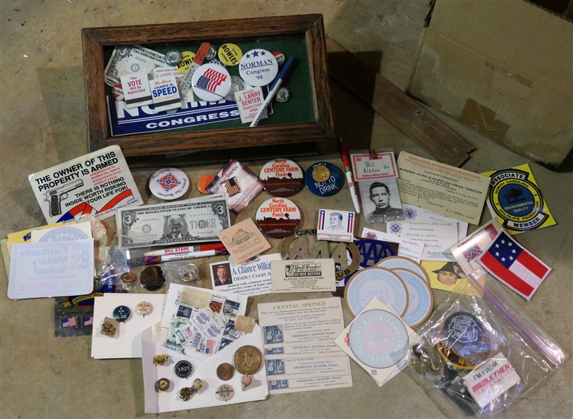 Lot of Political and Advertising Items in Nice Small Oak Slant Top Display Box - Storage Under Bottom- Items include Bowles Button, Vote Match Books, Boy Scout Jamboree Pin, Century Farm Buttons,...