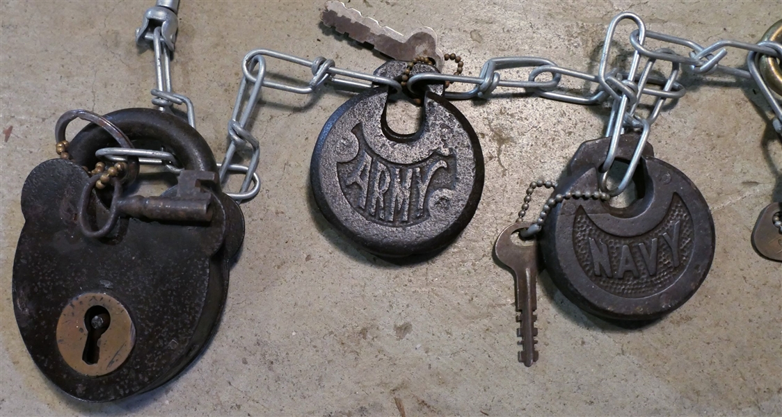 3 Locks with Keys - Navy, US Army, and Large Lock with Brass Key Plate - Largest Lock Measures 4" by 2"