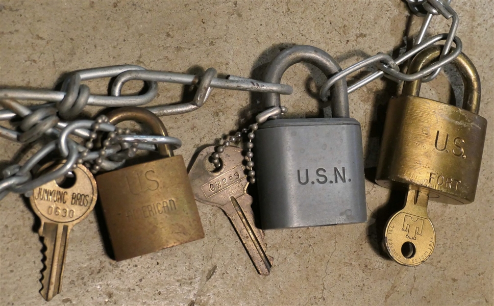 3 Locks with Keys - Brass US Fort, USN Slaymaker, and Brass US American - USN Measures 2 3/4" by 1 3/4"