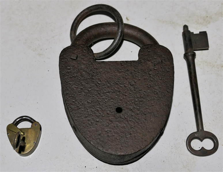 Extra Large Antique Lock with Key and Small Brass Lock with Key - Both Functioning - Large Lock Measures 5 1/2" by 4 1/4" Small Lock Measures 1 1/2" by 1 1/4"