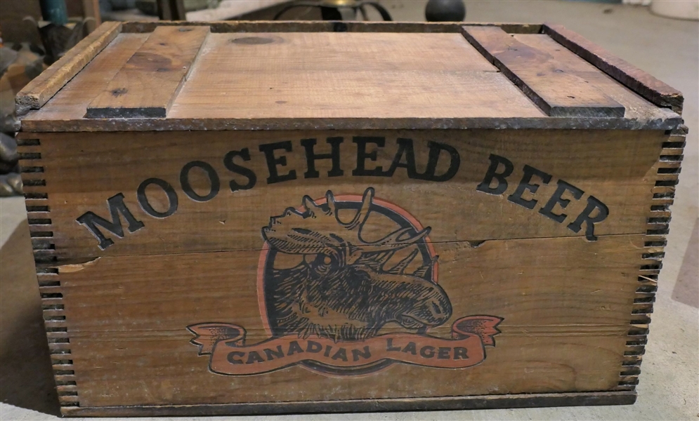 Wood Moosehead Beer Crate with Lid -Graphics on 3 Sides - Measures 10" tall 18" by 12" 