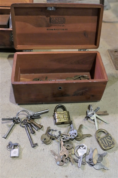 Lane Cedar Jewelry Box From Rose Furniture with Lock and Lots of Keys - Locks include US Brass Lock and FRD Brass Lock - Keys include Kwikset, Master, and Skeleton Keys - Box Measures 4" tall 9" by...