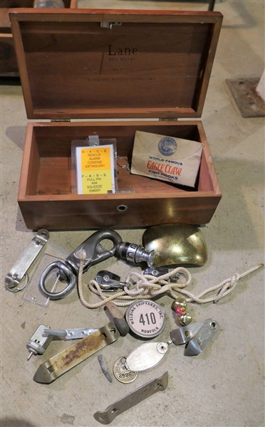 Lane Cedar Jewelry Box From Helig - Meyers Company Tarboro, NC  with Openers, Pins,  - Welding Shipyards Inc Norfolk Button, DD Brass Tag, Vaughns Quick and Easy Opener, Eagle Claw Good Luck Hook,...