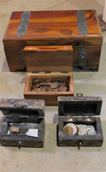 2 Cedar Boxes and 2 Miniature Treasure Chests with Brass Decoration - Smaller Cedar Box Contains Lots of Pennies, 1 Small Box Has Shrapnel Fragment Dug From Parthenon Greece, Other Full of Foreign...
