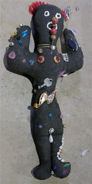 Handmade Voodoo Doll with Jewelry Pieces, Keys, and Beads - Doll Measures 13 1/2" by 6" 