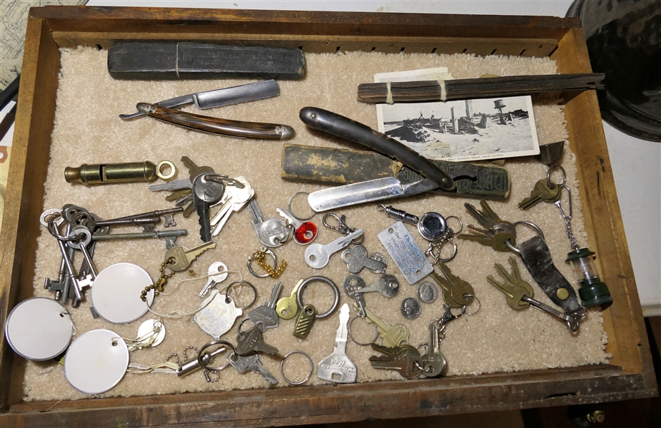 Lot of Keys, Sheffield England Special Straight Razor, Whistle, Piece of Wood From The "Ghost Ship" Ocracoke Island, NC, J.W. Meeson Straight Razor, and Key Fobs
