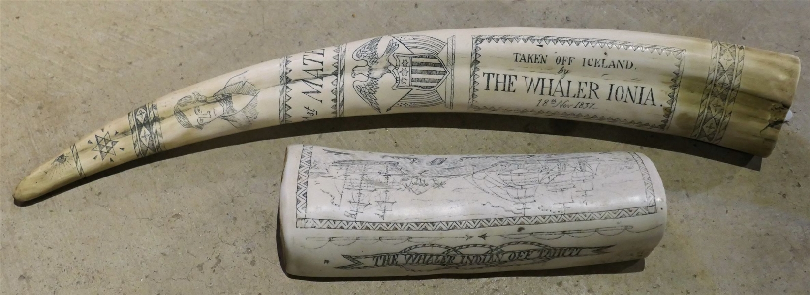 2 Modern Replica Scrimshaw Pieces - 1st Mate B. Nealey - 17" tall and The Whaler Indian off Tahiti 7 3/4" Long