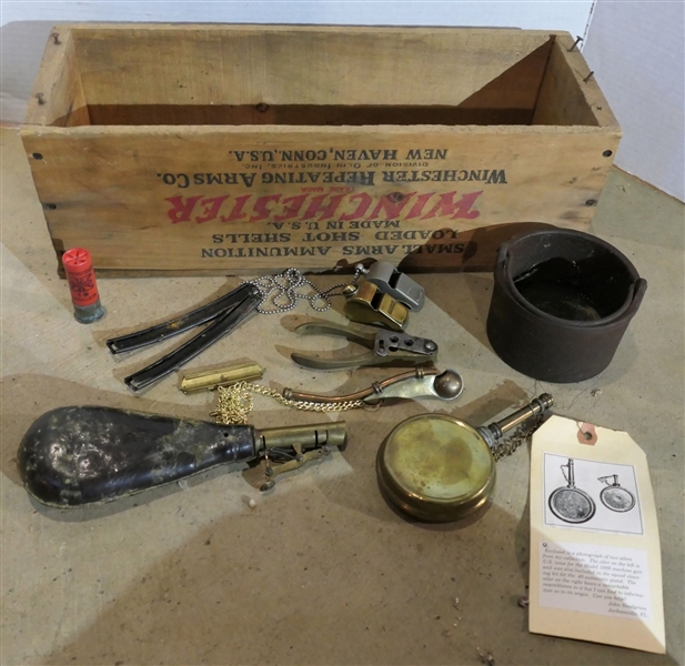 Winchester Shotgun Shell Box with Powder Flasks, Machine Gun Oiler, Colt Bullet Mold, Stripper Clips, and Whistles