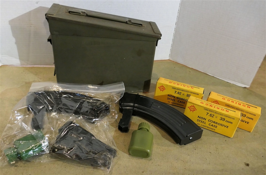 Ammo Can with 3 Boxes of 7.62 by 39mm bullets, 2 - 30 Round SKS Magazines and 1 -  10 Round SKS Magazine