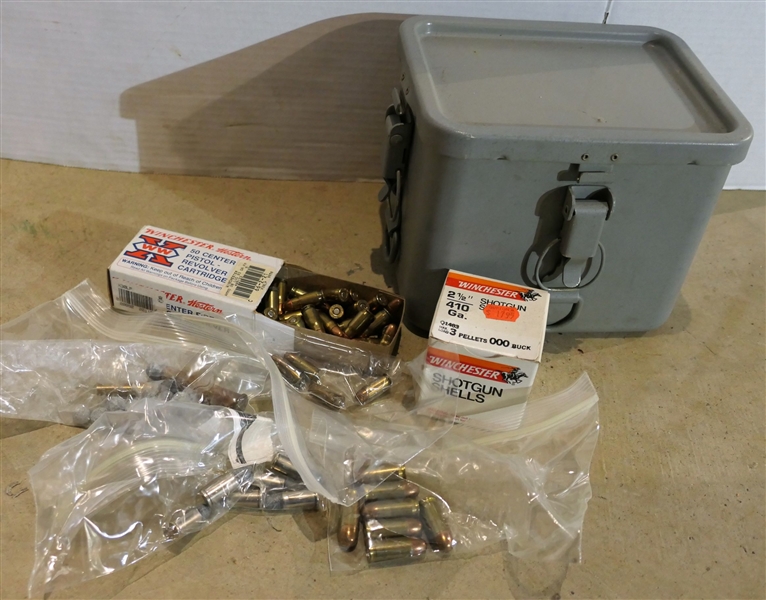 Metal Box with Mixed Lot of Bullets including 38 S&W, Mini Balls, .410 Shells, and 30 Luger Bullets