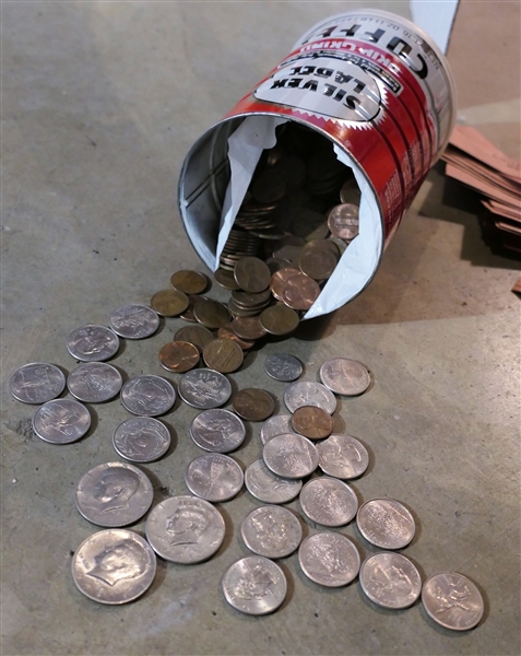 Coffee Can Full of Coins - Pennies, Quarters, Dimes, and Halves 