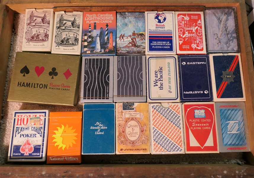 21 Decks of Playing Cards including Advertising For Eastern, United, British Airways, Pan Am, TWA, and Others - 