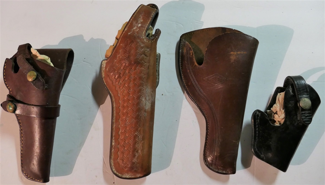 Lot of 4 Vintage Holsters - 1 Brown with Basket Weave Pattern, 1 Small Black and 2 Other Brown Leather
