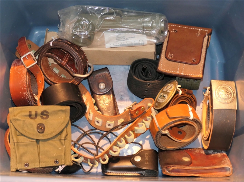 Lot of Belts including Confederated Reenactment Buckles, German Reenactment Buckles, Original Military Belts, Flashlight, and Clip Pouches 