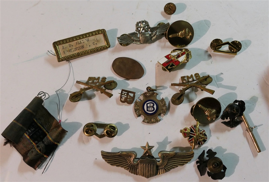 Lot of Military Pins including Sterling Silver Senior Pilot Wings, Commanding Pilot Wings, BARC Pendant, and Other Pins