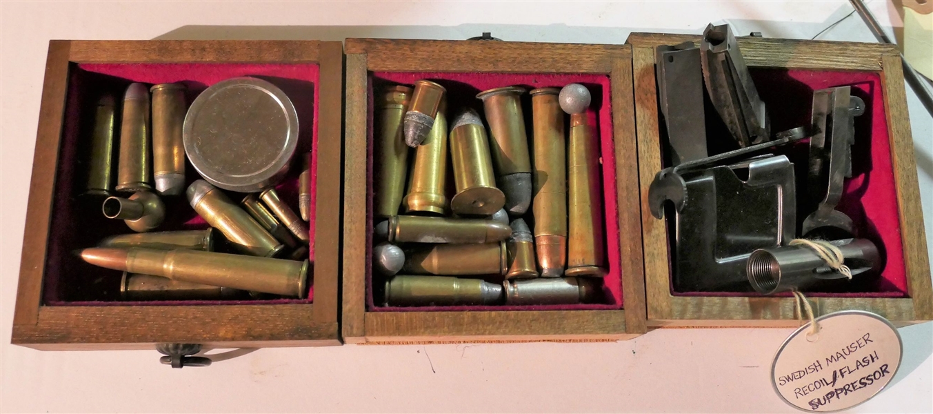 Lot of Gun Parts and Bullets including 1911 Parts, Mauser Parts, and Mixed Bullets - All in Small Wood Box with Drawers Measuring 8" tall 5" by 4 1/2"