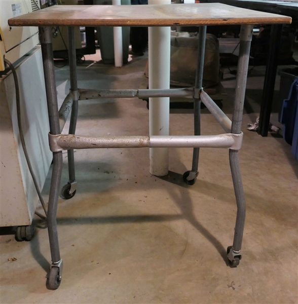 Industrial Rolling Table - Metal Base with Wood Top - Measures 30" tall 24" by 24" 