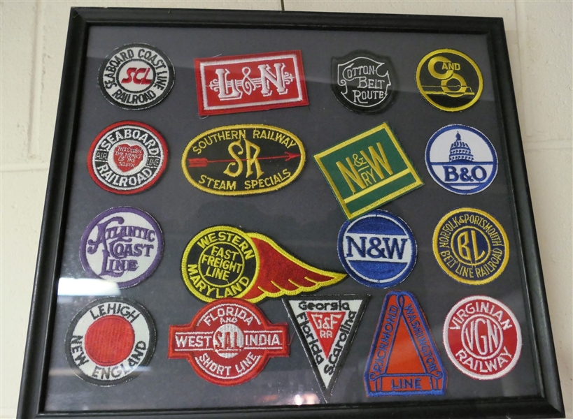 Framed Collection of Railroad Patches including Lehigh New England, West India SAL Short Line, G&F Georgia Florida South Carolina, Seaboard Railroad, Southern railway, L&N, B&O, Cotton Belt Route