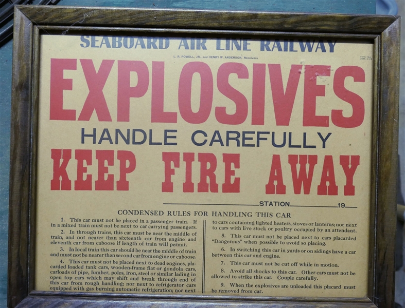 Seaboard Air Line Railway - Explosives Waring Sign From Box Cars - Framed - Frame Measures 12" by 15"