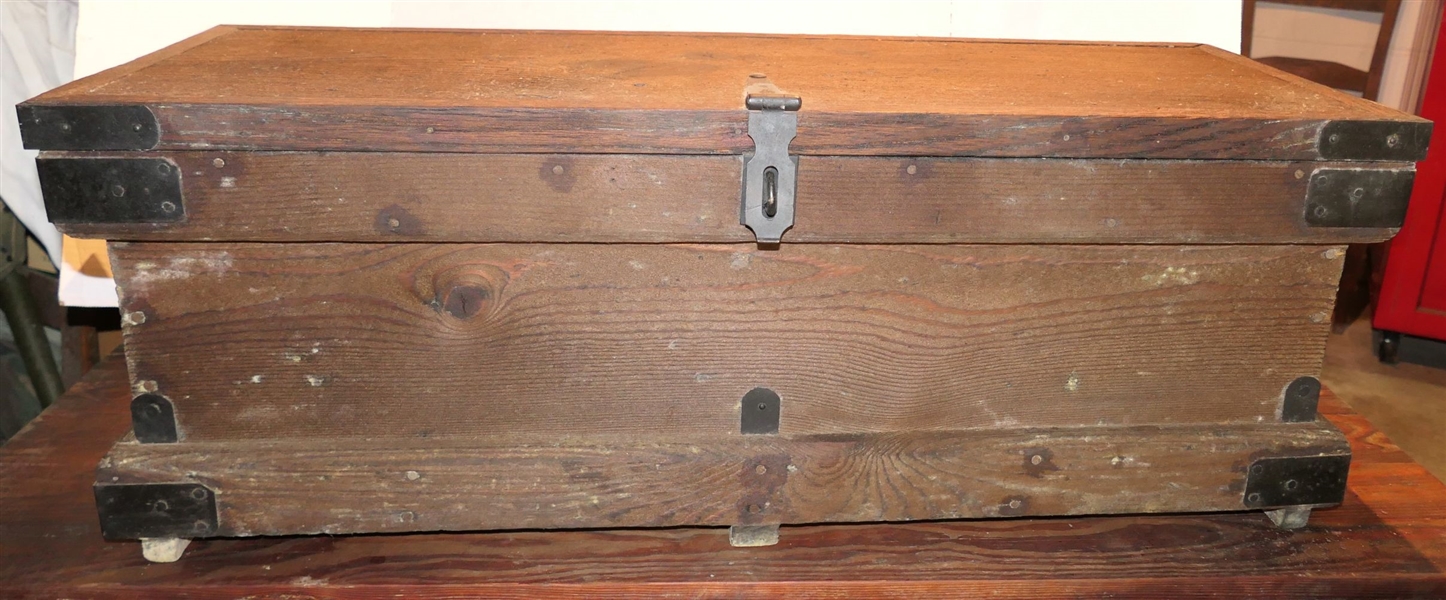 Heavy Oak Tool Box with Metal Handles, Hardware, and Corner Details -Full of Hand Tools, Stanley Wood Level, Hammers, Drill, Etc. - Box Measures 12" tall 33" by 13" 