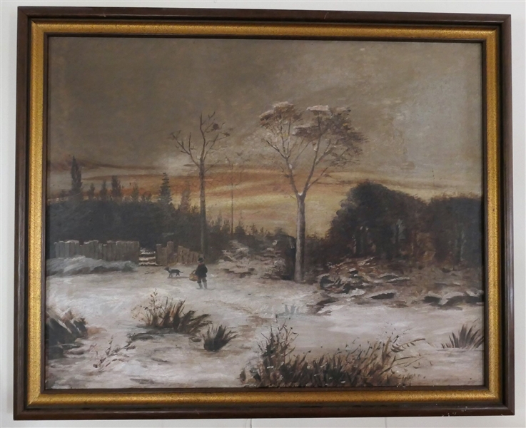Winter Scene Oil On Canvas Painting - Boy with Dog - Framed - Frame Measures 27" by 33" 