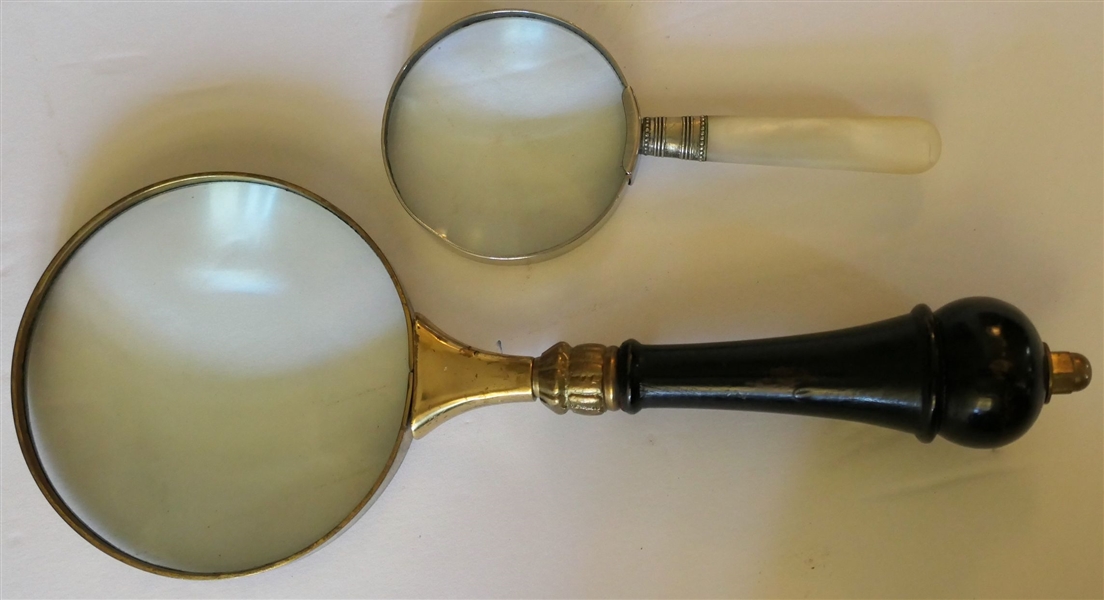 2 Magnifying Glasses - Brass with Wood Handle and Mother of Pearl Handle - Brass Measures 10 1/4" Long