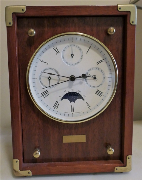 Hermle 2100 Quartz Moon Phase Calendar Clock - Made in Germany - in Wood Case with Brass Details - Clock Case Measures 8 1/2" tall 6 1/4" by 3"