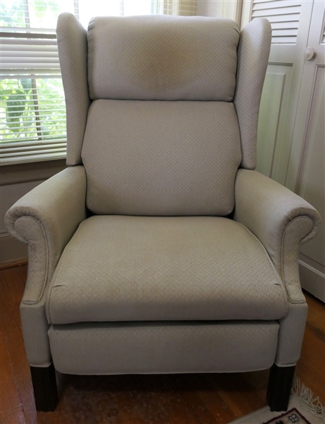 Chinese Chippendale Style Wing Back Recliner Light Tan Herringbone Patterned - Measures 39" tall 32" by 29"  - Some Spots on Arm 