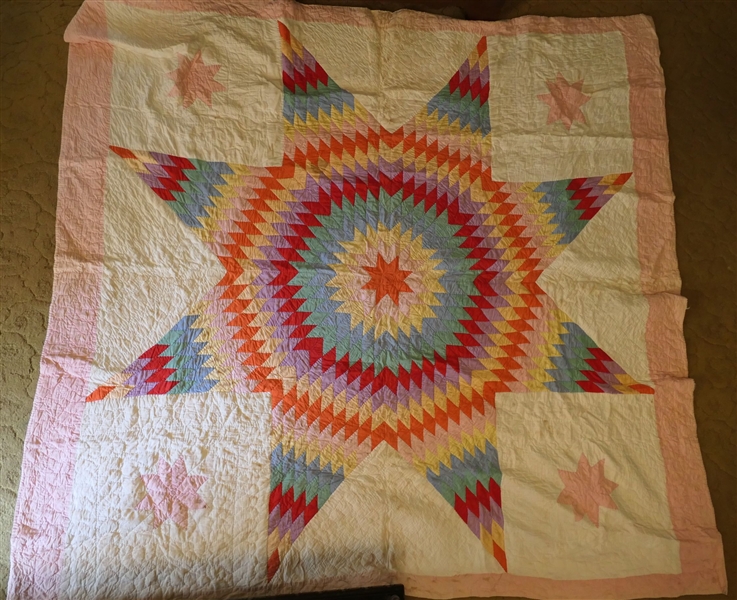 Beautiful Brightly Colored Thin "Lone Star" Quilt - Hand Quilted - Measures 72" by 72" - Some Minor Staining 