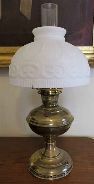 Brass Oil Lamp Converted to Electric with Satin Milk Glass Shade -Some Damage to Gallery at Bottom  -Measures 21" Tall 
