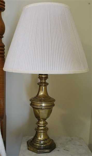 Unusual Gold Colored Metal Table Lamp with Pleated Shade -Some Pitting Around Base -  Lamp Measures 26" to Bulb