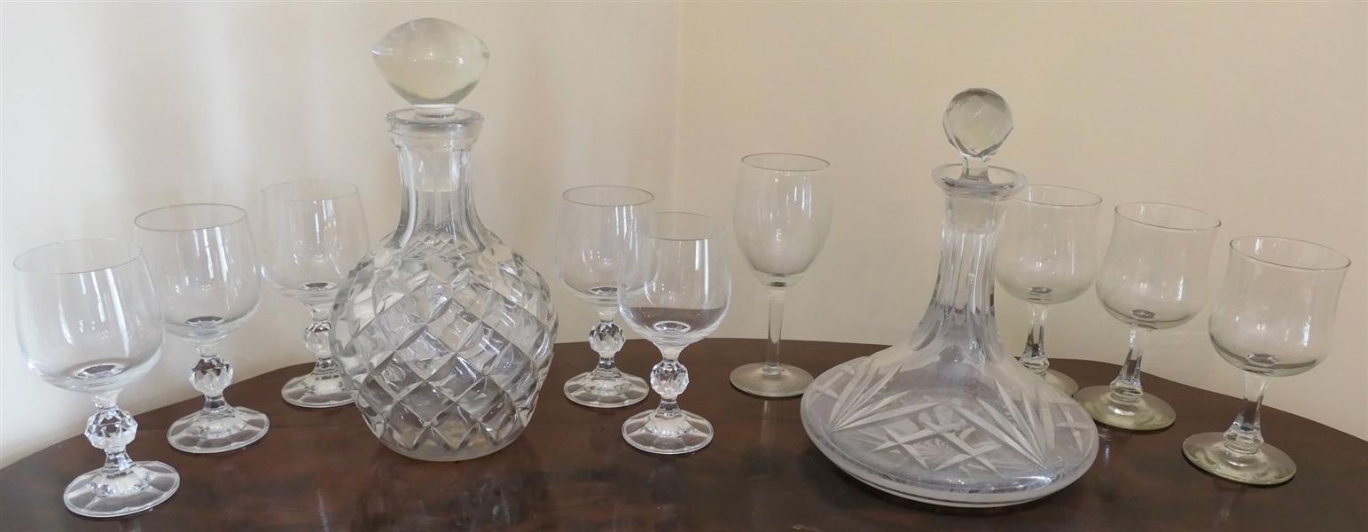 Early Blown Glass Quilted Decanter, Ship Decanter with Some Discoloration, and 9 Wine Glasses - Quilted Decanter Measures 10" Tall 