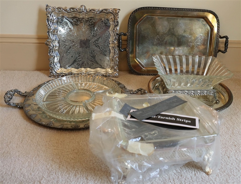 6 Pieces of Silverplate including Centerpiece Bowl, Round and Rectangular Platters, Baking Dish with Stand, and Square Platter - Center Bowl Measures 7" by 11" 